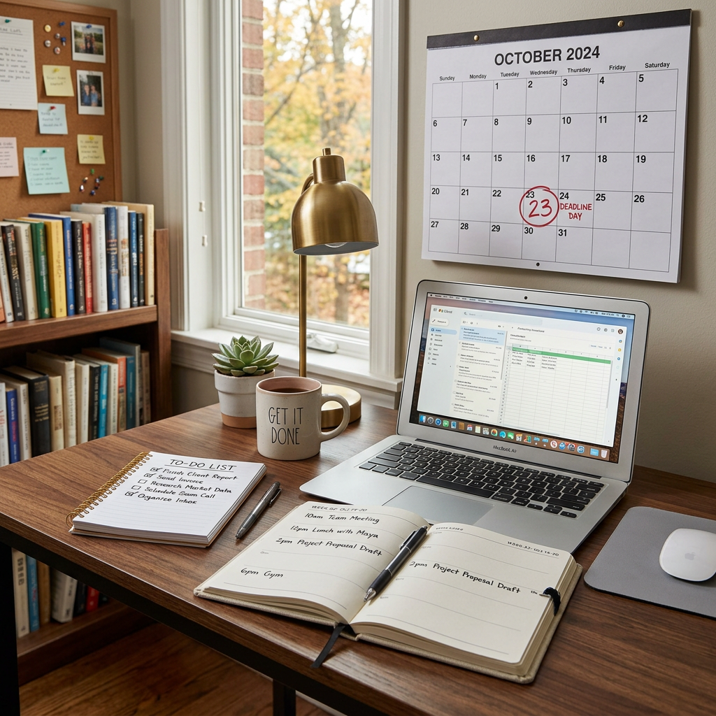 Home office desk with laptop, calendar showing October 23 deadline, notebook, to-do list, and coffee mug reading 'GET IT DONE'