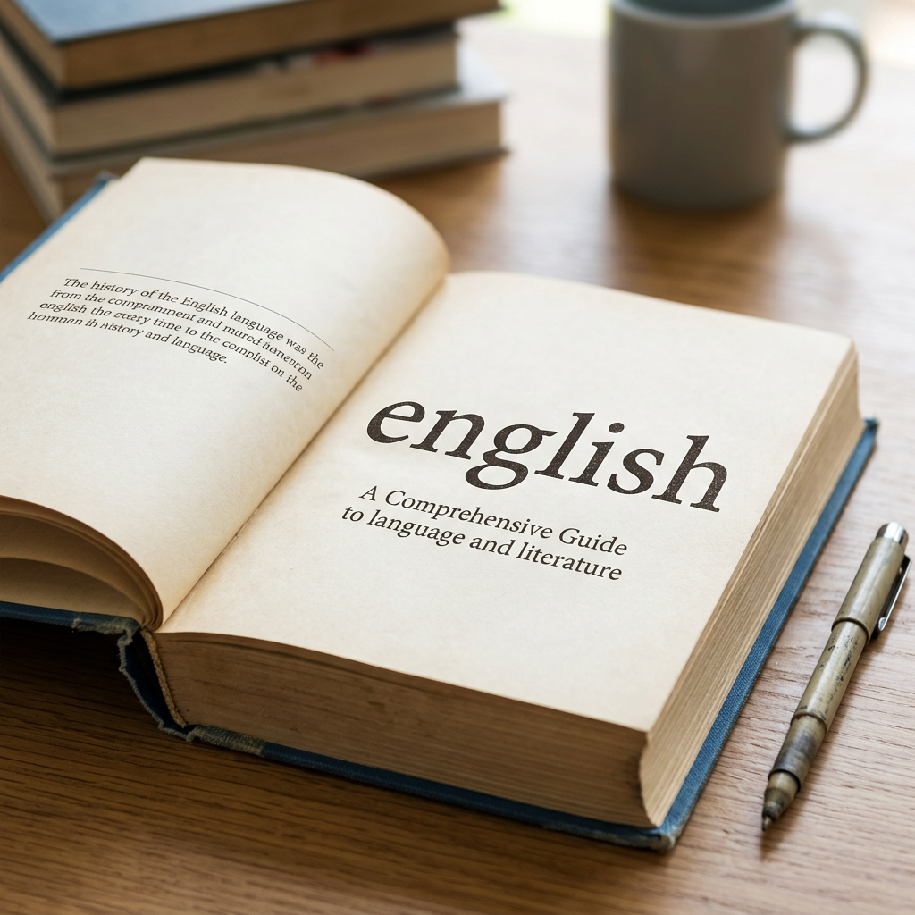 Open book titled 'english: A Comprehensive Guide to language and literature' on wooden table