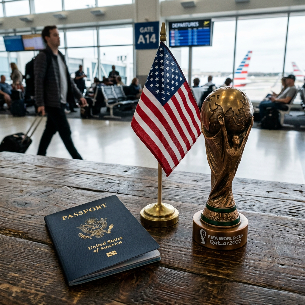 United States passport, small American flag, and FIFA World Cup Qatar 2022 trophy on wooden table at airport gate